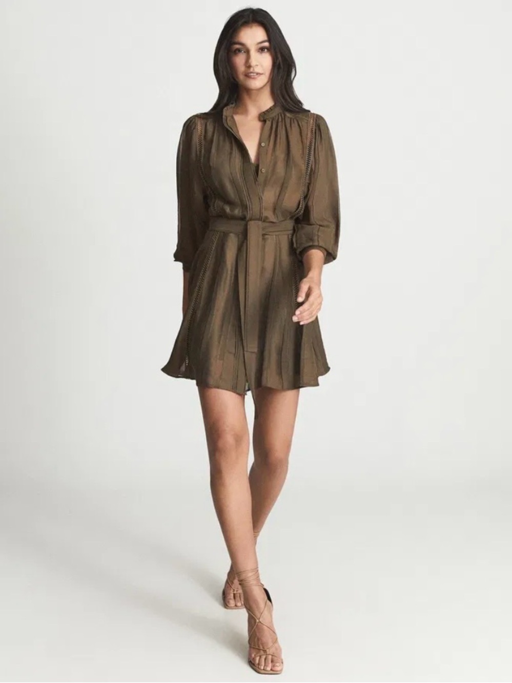 Reiss Harriet lace trim belted mini dress size 10 khaki green